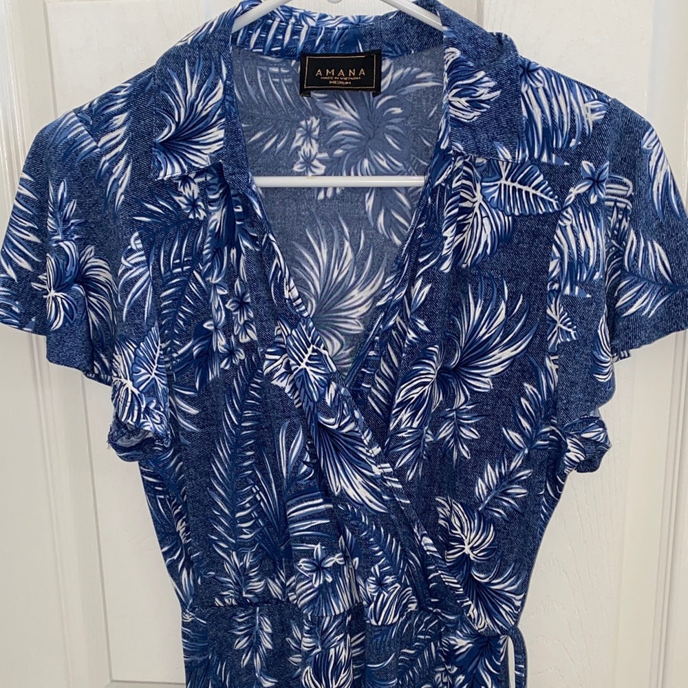 Blue Leaf Print Midi Dress - Picture 4 of 9